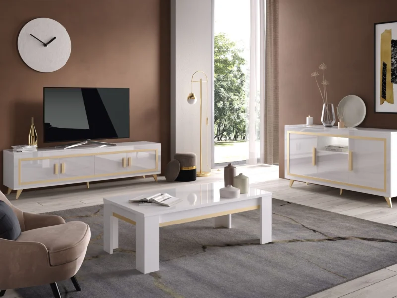 Wohnzimmer „Gold“ I (1 TV-Möbel, 1 Kommode, 1 Spiegel  + 1 Couchtisch)