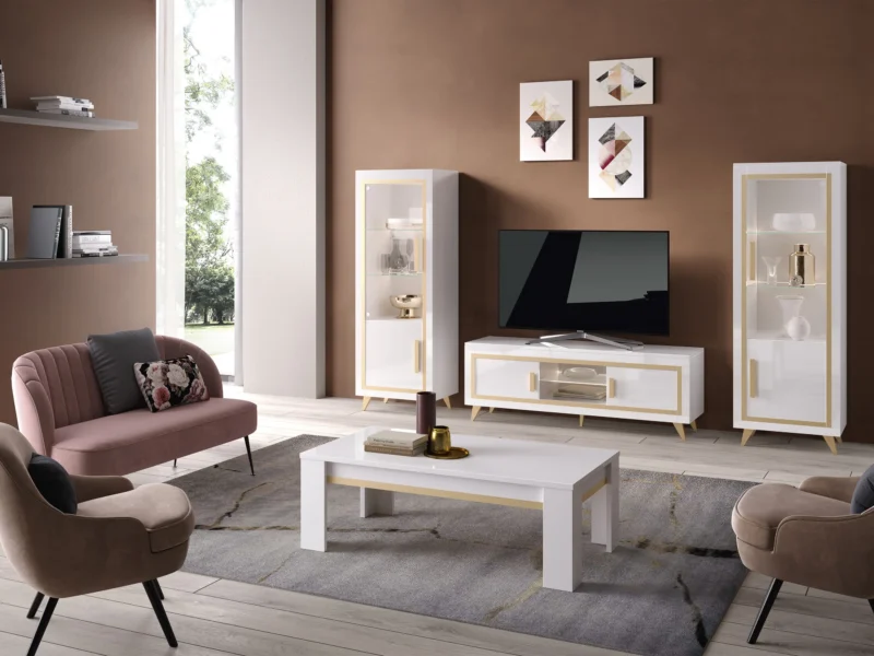 Wohnzimmer „Gold“ II (2 Vitrinen, 1 TV-Möbel + 1 Couchtisch)