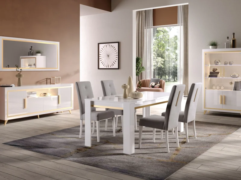 Wohnzimmer „Gold“ III (1 Esstisch + 4 Stühle, 1 Vitrine, 1 Kommode + 1 Spiegel)